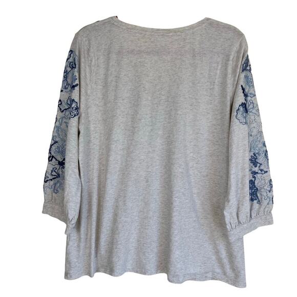 J. Jill PureJill Embroidered Jersey Top Cream Blue Puff Sleeve Peasant Blouse - Picture 6 of 16